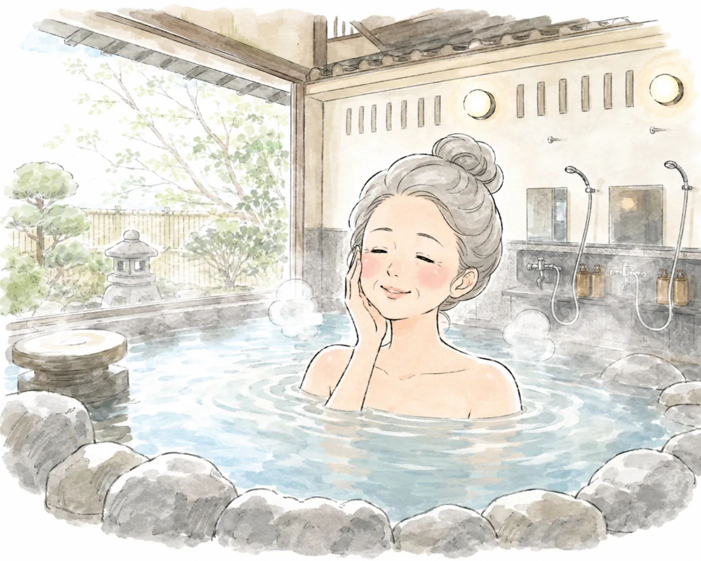 やわらかな湯につかり微笑む様子